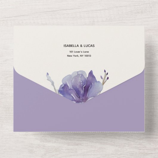 Paarse Iris Leaves Wedding All In One Uitnodiging (Achterkant)