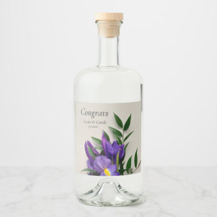 Paarse iris met bladeren likeurfles etiket