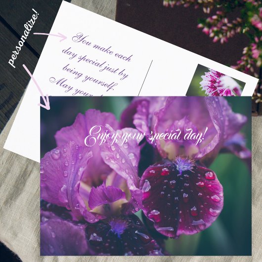 Paarse iris na regen briefkaart