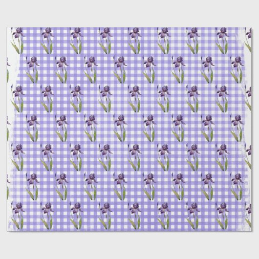 Paarse iris op gingham inpakpapier (Vlak)