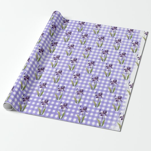 Paarse iris op gingham inpakpapier (Uitgerold)