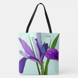 Paarse Iris op Mint, gepersonaliseerde Floral Tote Bag