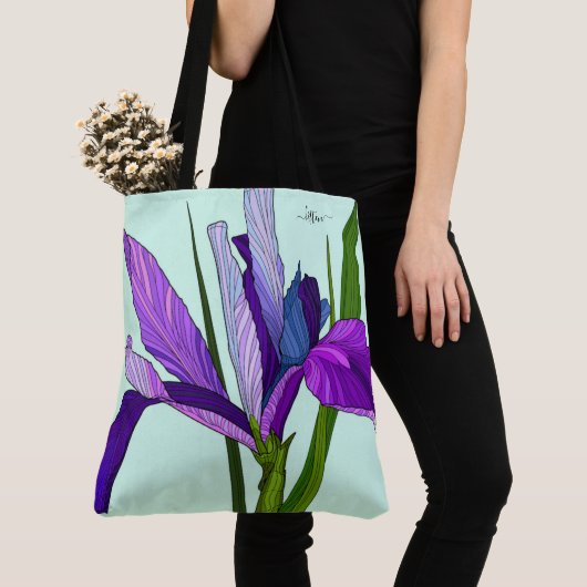 Paarse Iris op Mint, gepersonaliseerde Floral Tote Bag (Dichtbij)