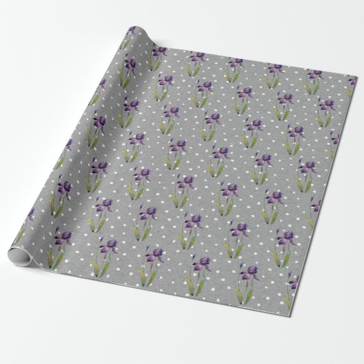 Paarse Iris op poka-dots wrapppapier Cadeaupapier (Uitgerold)