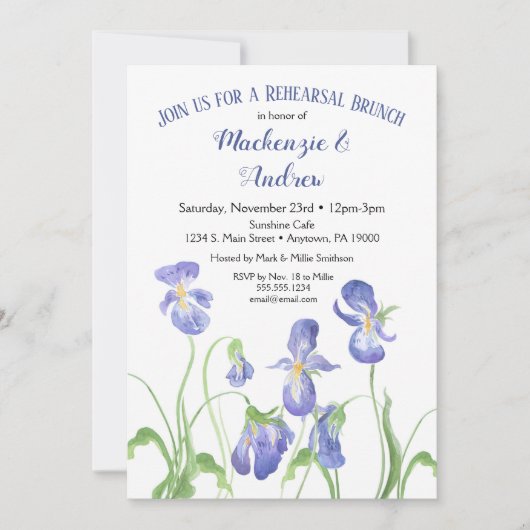Paarse Iris Rehearsal Brunch Uitnodiging (Voorkant)