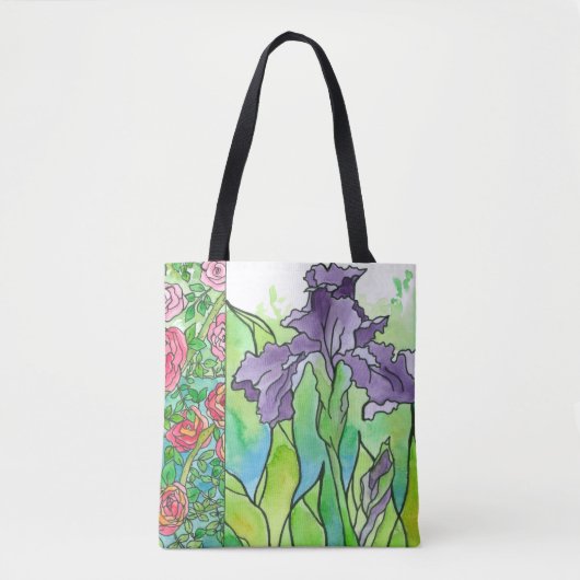 Paarse iris roze rozen grote Waterverf bloemen Tote Bag (Voorkant)