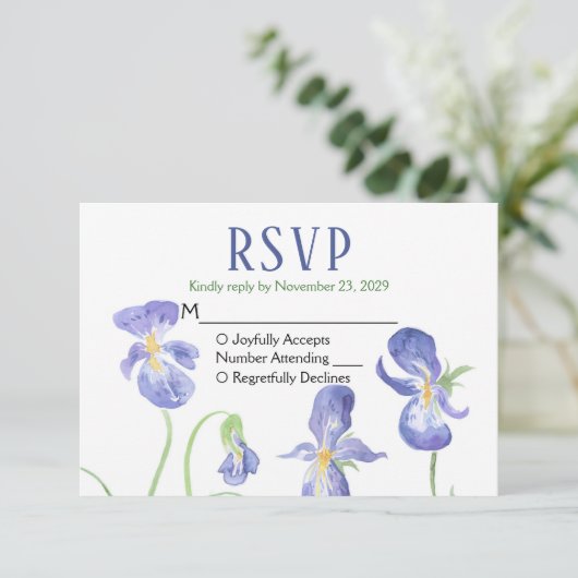 Paarse Iris RSVP Wedding Response Kaartje (Staand voorkant)