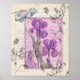 Paarse Iris Sweet Pea Waterverf Flowers Collage Poster
