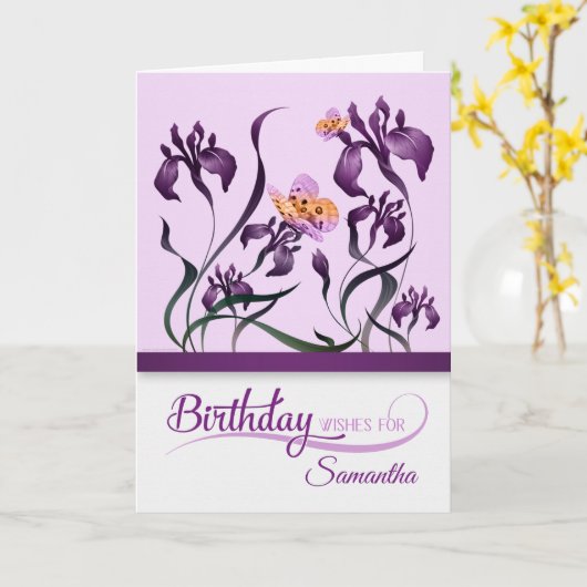 Paarse Iris Tuin Verjaardag met Naam Kaart (Gele Bloem)