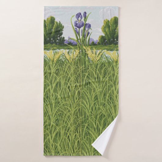 Paarse Iris ventilator + groen veld  botanisch Badhanddoek (Badhanddoek)