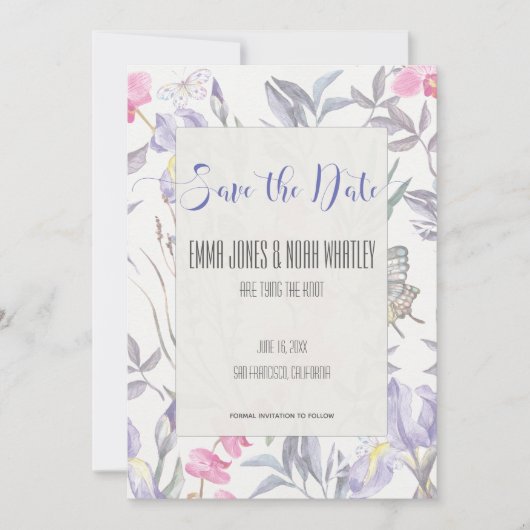 Paarse Iris Watercolor Trouw Kaart "Save the Date" (Voorkant)