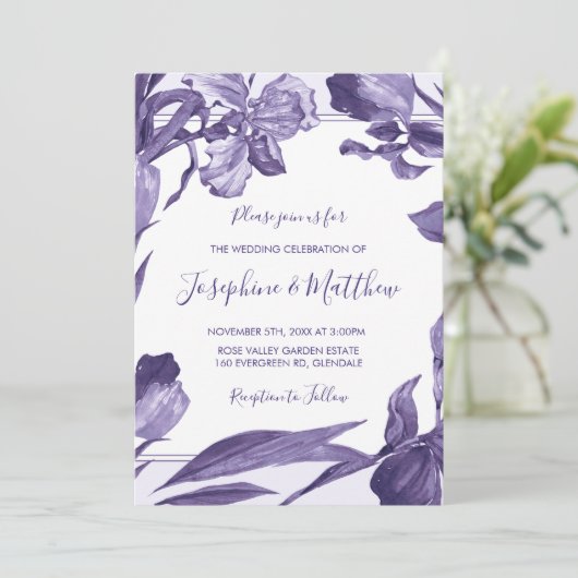 Paarse iris Waterverf bloemige botanische bruiloft Kaart (Staand voorkant)