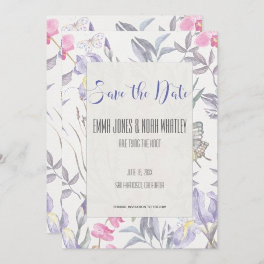 Paarse Iris Waterverf Huwelijk Save the Date Kaart (Voorkant / Achterkant)