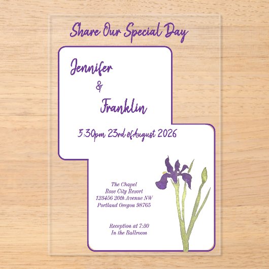 Paarse Iris Waterverf Wedding Acryl Uitnodigingen (Voorkant)