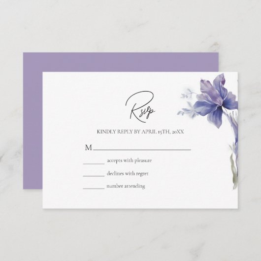 Paarse Iris Waterverf Wedding RSVP Kaartje (Voorkant / Achterkant)