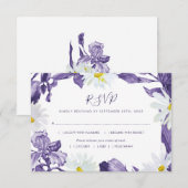 Paarse Iris White Daisy Waterverf Botanische maalt RSVP Kaartje (Voorkant / Achterkant)
