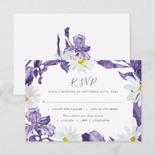 Paarse Iris White Daisy Waterverf Botanische maalt RSVP Kaartje (Voorkant / Achterkant)