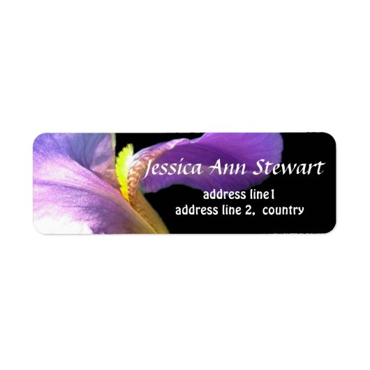  paarse irisbloem in zwarte fotokunst etiket (Voorkant)