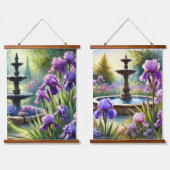 Paarse Irisbloemen en fontein Hangend Wandkleed (Dubbel)