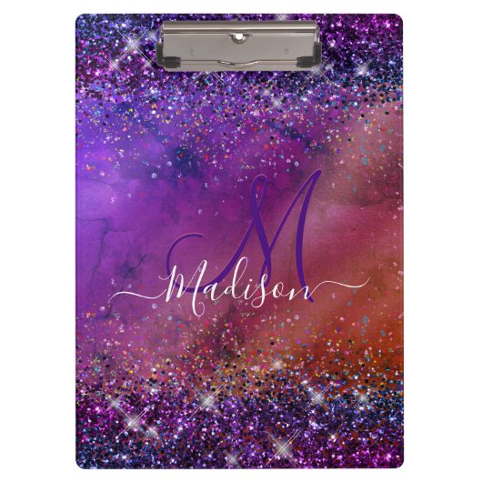 Paarse iriscent geborsteld metaal glitter monogram klembord (Voorkant)