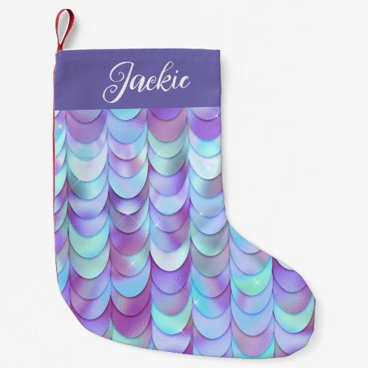 Paarse Iriserende Zeemeermin Schubben Monogram  Kleine Kerstsok (Voorkant)