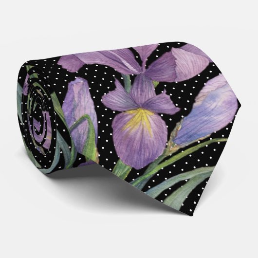 Paarse Irises Botanische Black White Polka Dots Stropdas (Opgerold)