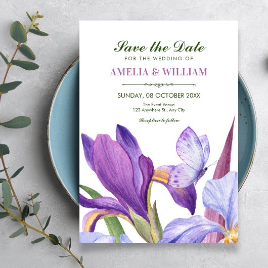 Paarse isris bloeiende bloem waterverf save the date