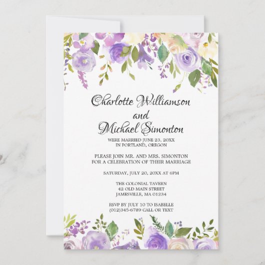 Paarse Ivoor Floral Elopement Reception Kaart (Voorkant)