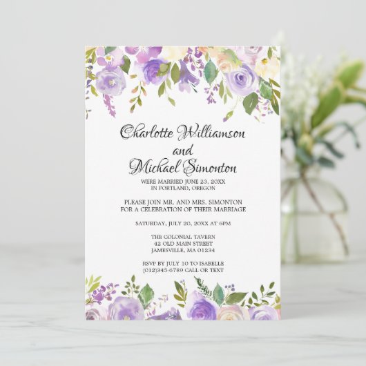 Paarse Ivoor Floral Elopement Reception Kaart (Staand voorkant)