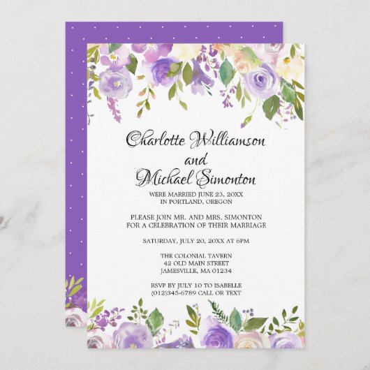 Paarse Ivoor Floral Elopement Reception Kaart (Voorkant / Achterkant)