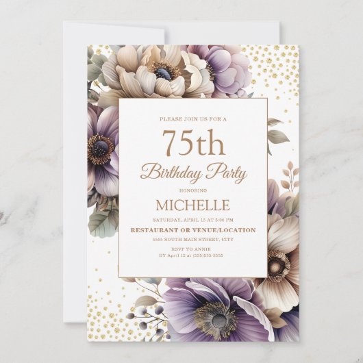 Paarse Ivoor Florall Gold Glitter 75e verjaardag Kaart (Voorkant)