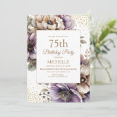 Paarse Ivoor Florall Gold Glitter 75e verjaardag Kaart (Staand voorkant)