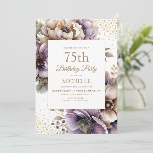 Paarse Ivoor Florall Gold Glitter 75e verjaardag Kaart (Staand voorkant)