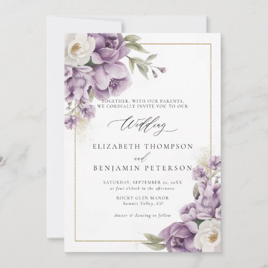 Paarse Ivoor Goud Bloemen Lijst Elegante bruiloft Kaart (Voorkant)