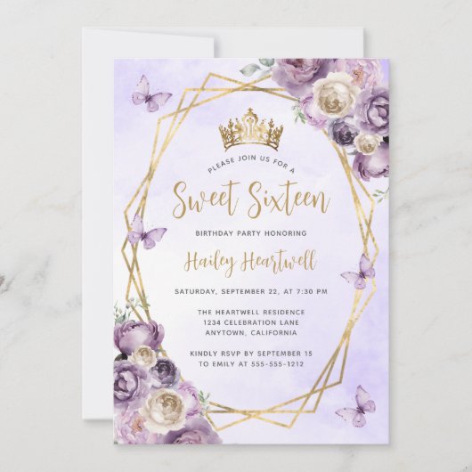 Paarse Ivoor Goud Geometrische Bloemen Sweet 16 Pa Kaart (Voorkant)