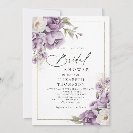 Paarse Ivoor Gouden Bloem Elegant Vrijgezellenfees Kaart (Voorkant)