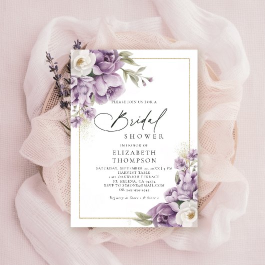 Paarse Ivoor Gouden Bloem Elegant Vrijgezellenfees Kaart