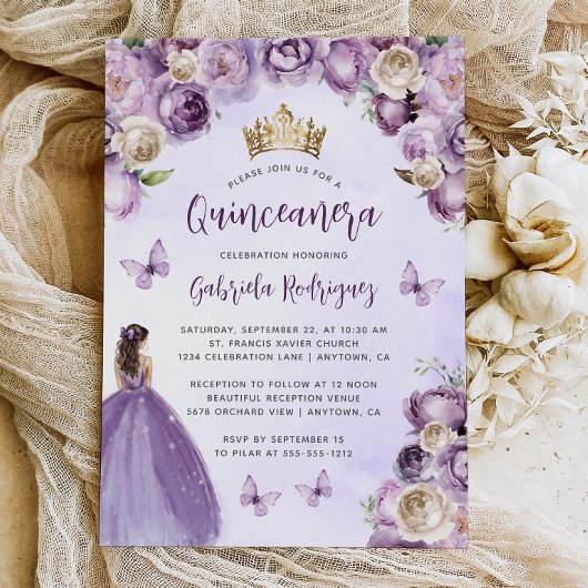 Paarse Ivoor Gouden Bloemen Waterverf Quinceañera Kaart