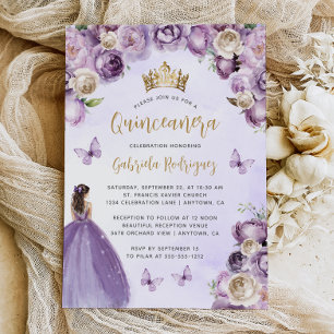 Paarse ivoor gouden bloemige waterverf Quinceañera Kaart