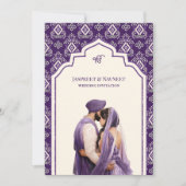 Paarse Ivoor Ikat Punjabi Anand Karaj Sikh Bruilof Kaart (Voorkant)