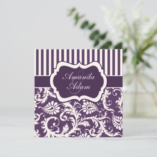 Paarse, Ivoor, Roze Gestreepte Damast Bruiloft Uit Kaart (Staand voorkant)