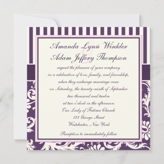 Paarse, Ivoor, Roze Gestreepte Damast Bruiloft Uit Kaart (Achterkant)