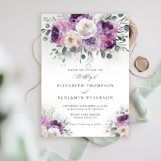 Paarse Ivoren Bloemen Eucalyptus Elegant Huwelijk Kaart