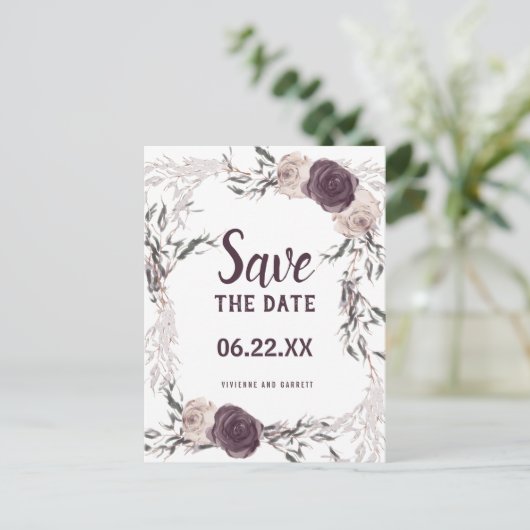 Paarse Ivoren Bloemen Fotobruiloft Save the Date Briefkaart (Staand voorkant)