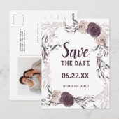 Paarse Ivoren Bloemen Fotobruiloft Save the Date Briefkaart (Voorkant / Achterkant)