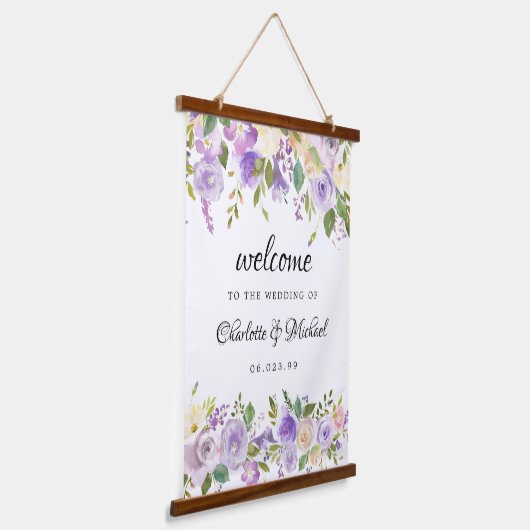 Paarse Ivory Floral Wedding Keepomwille Welkom Hangend Wandkleed (Gebogen)
