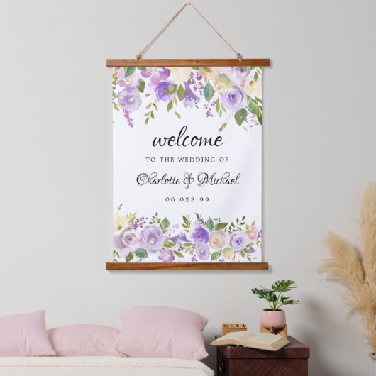 Paarse Ivory Floral Wedding Keepomwille Welkom Hangend Wandkleed (Slaapkamer)