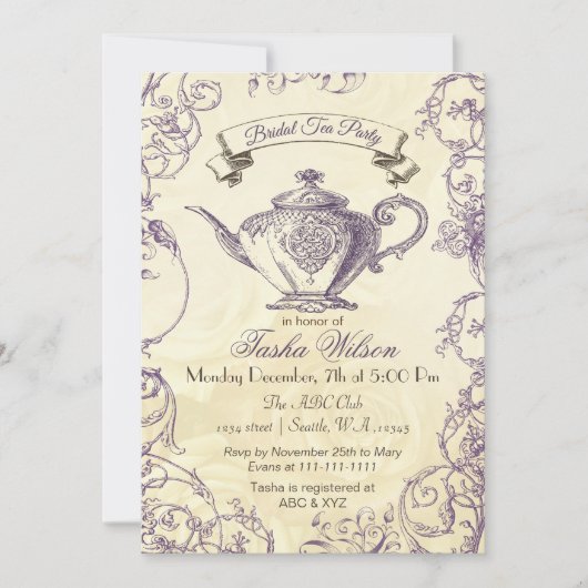 Paarse Ivory Rozen  Bridal Tea Kaart (Voorkant)