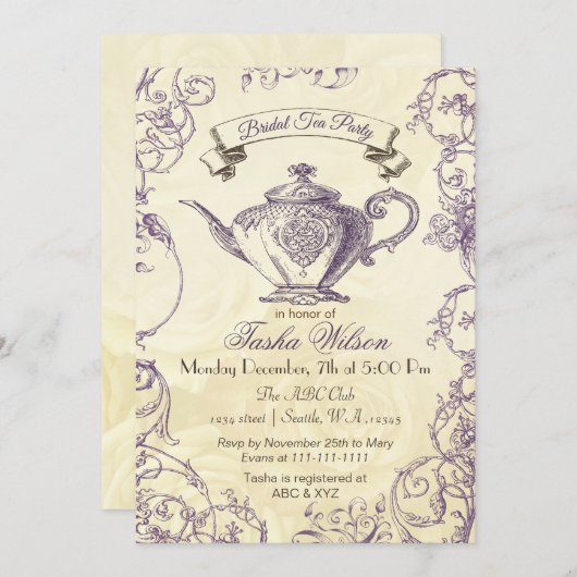 Paarse Ivory Rozen  Bridal Tea Kaart (Voorkant / Achterkant)
