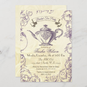 Paarse Ivory Rozen  Bridal Tea Kaart